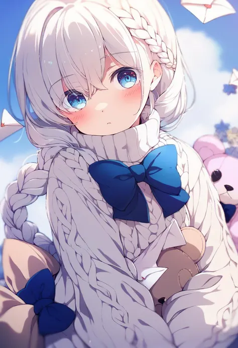 anime girl with white hair and blue eyes sitting on a pile of stuffed animals