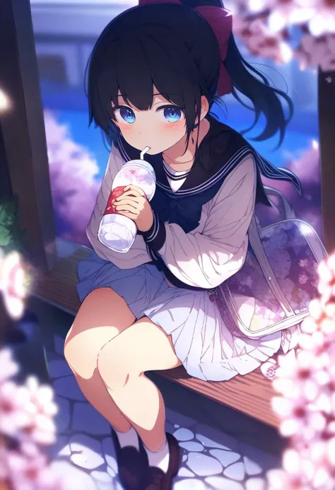 anime girl sitting on a bench with a cup of coffee