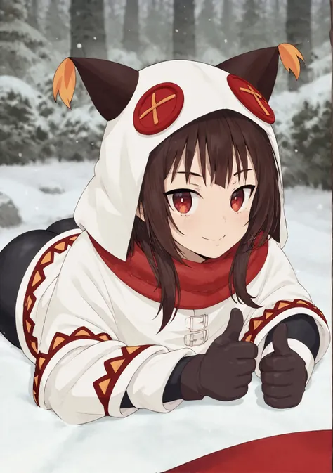 anime girl in a white and red outfit laying on the snow