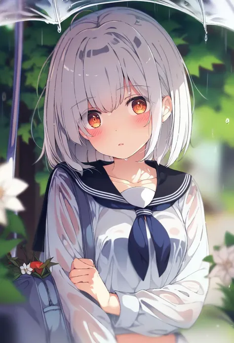 anime girl with white hair and blue dress holding an umbrella