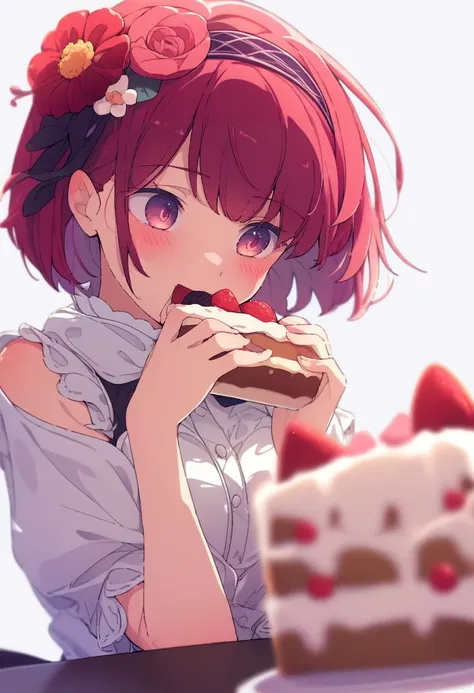 anime girl eating a piece of cake with a strawberry on top