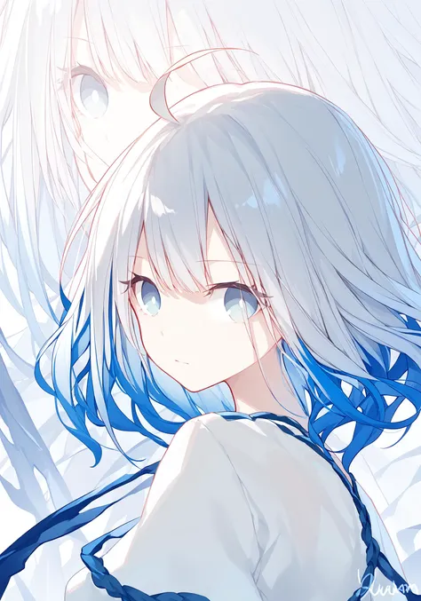 anime girl with blue hair and white dress standing in front of a blue background