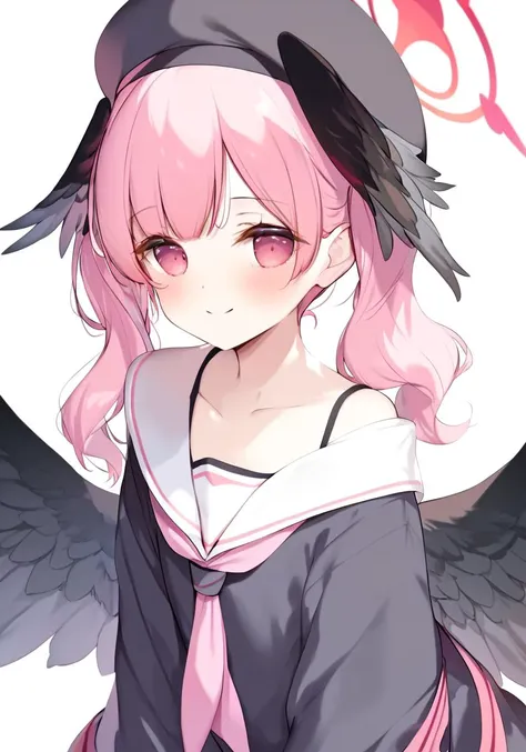 anime girl with pink hair and black wings in front of a white background