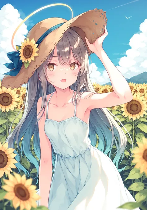 a woman in a sunflower field with a hat on her head