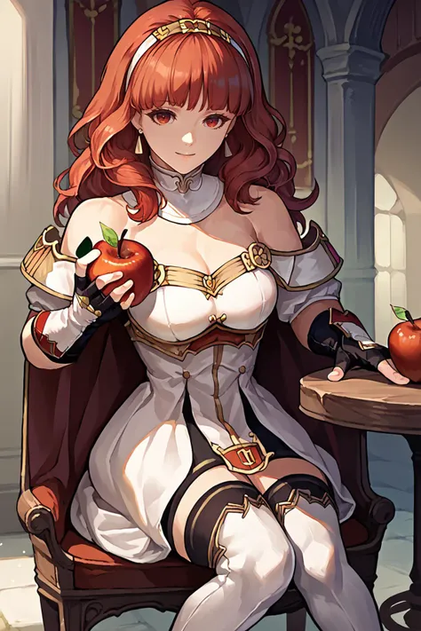 score_9, score_8_up, score_7_up, score_6_up, source_anime, BREAK 1girl, solo, <lora:fecelica-pdxl-nvwls-v1-000005:1> defCeli, red hair, red eyes, hairband, earrings, cape, detached collar, white dress, cleavage, bare shoulders, arm guards, fingerless glove...