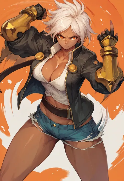 score_9, score_8_up, score_7_up, score_6_up break solo,bulletbb, dark-skinned female, scar on face,orange eyes,white hair,jacket...