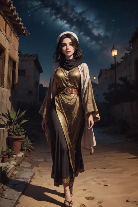 a woman in a gold dress and a black shawl walking down a street