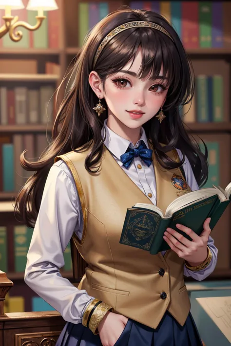 a woman in a school uniform holding a book in her hands