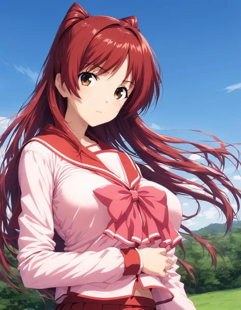 <lora:kousaka_tamaki_sdxl_ver1:0.7>,looking at viewer,upper_body,
kousaka_tamaki,1girl,long hair,red hair,brown eyes,school uniform,serafuku,long sleeves,pleated skirt,
blue sky,nature,wind,