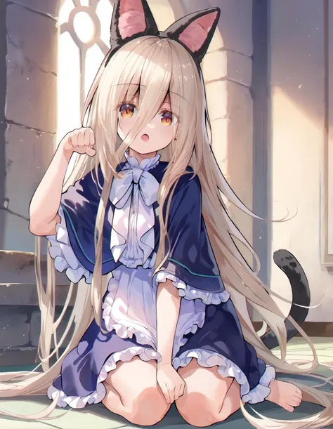 anime girl with long hair sitting on the floor with a cat ear