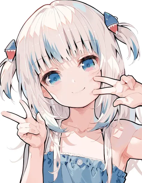 anime girl with blue eyes and white hair making a gesture