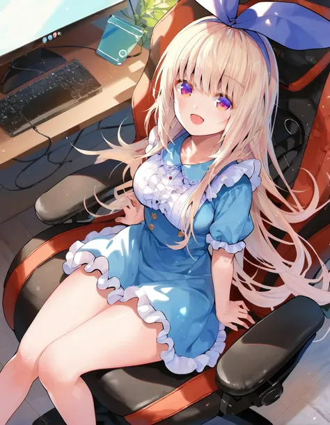 anime girl sitting in a chair with a computer on her lap