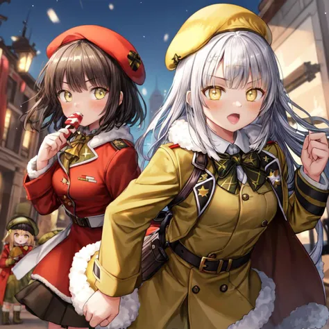 2girls,2 mercenaries,( yellow military beret:1.8),wearing a coat covered in mistletoe,Action scene,holding a large candy cane. Mistletoe Mercenaries,christmas,explosions,Action,awesome,<lora:Furtastic_Detailer:1>,furry,AS-YoungV2,