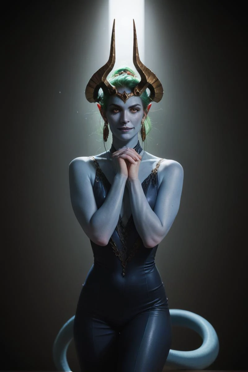 Séverine Barillot, zPDXL2, score_9, score_8_up, score_7_up, rating_questionable, pin up art by Joe Chiodo, 35 year old dark green haired dark elf in a Sci Fi Utopian cemetary, (blue skin, horns, tail:1.2), elegant,  hand pose}, smirk facial expression, 43s...