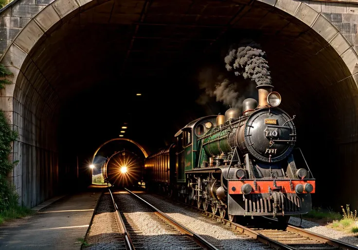realistic photo of a old steam locomotive drives towards the camera, black smoke from the cimney, (comming out of a tunnel:1.3), hills in the background, eveninglight, low sun, view from the front, photography, hyper realism, 64k, <lora:add_detail:1>