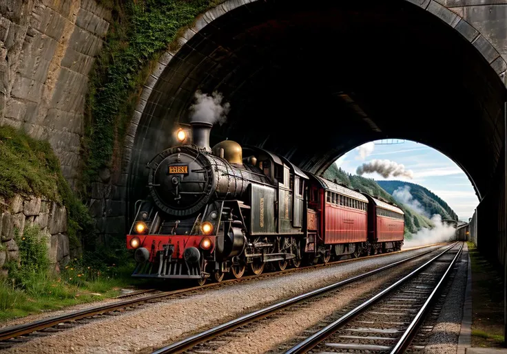 raw photo, realistic photo of a old steam locomotive on a track through the swiss mountains, black smoke from the cimney, (comming out of a narrow tunnel:1.4), eveninglight, low sun, view from the front, photography, hyper realism, 64k, <lora:add_detail:1>