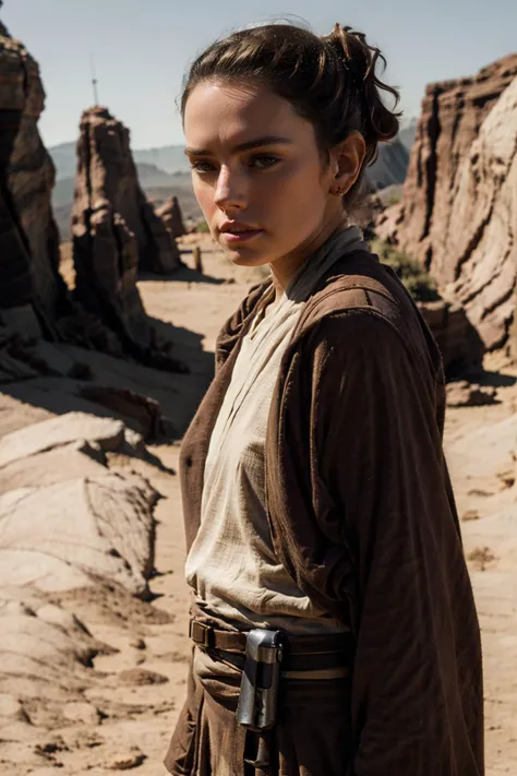 masterpiece, ultra high res, (photorealistic:1.4), short petite <lora:daisyrdl-4:1.0>   daisyrdl , in jedioutfit, <lora:jedioutfit:1> ponytail, on a desert, holding light saber, (Rey), looking at viewer, half-lenght portrait, (8k uhd:0.8), ultra-detailed, ...