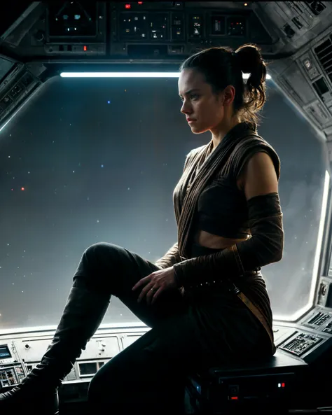 <lora:daisyrdl-4:1> daisyrdl,ponytail,rey skywalker cosplay,sitting on cockpit of millenium falcon,low fov,star wars ship, interior of millenium falcon,rd2d in background,cinematic,Canon powershot , bokeh,filmic grain,motion blur,soft lighting ,neon lights...