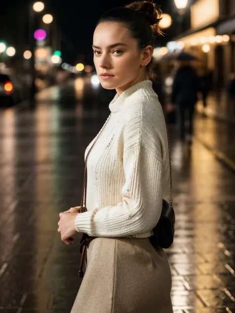 daisyrdl,a woman,(front view:1),ponytail,looking at viewer,(walking in street),rainy,dawn,wearing sweater,golden hour,serious,extremely detailed,intricated,masterpiece,cinematic,(film grain:1.2),bokeh,volumetric lighting,motion blur, (rim light:1.2), <lora...