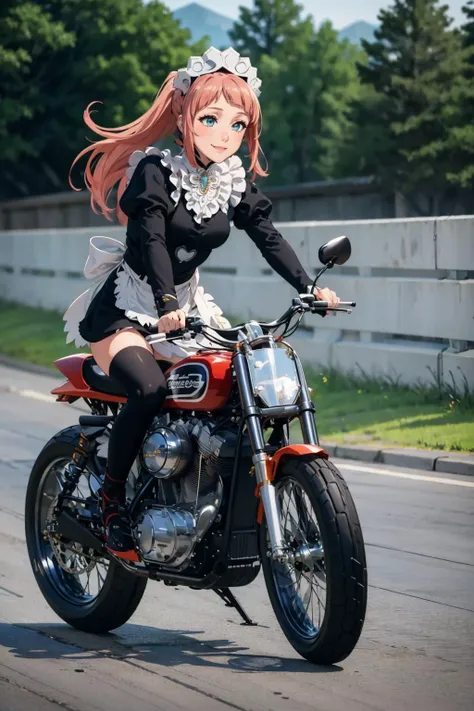 masterpiece, best quality, feliciadef, maid, maid headdress, black thighhighs, riding motorcycle, road, furrowed brow, smile, motion blur <lora:HarleyDavidson-000008:0.8> XR750 <lora:felicia-fe-richy-v1:1>