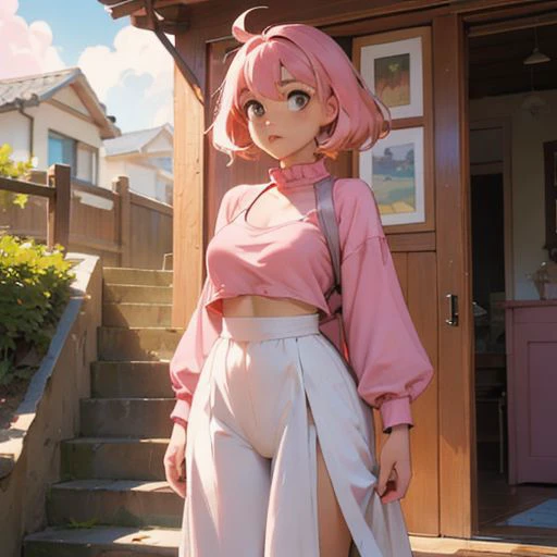 a woman in a pink shirt and white pants standing in front of a house