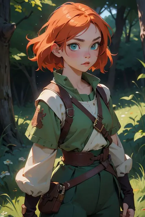 1girl, witcher outfit, small waist, orange hair, green eyes, (realistic eyes:1.3), perfect composition, 8K, intricate details, studio ghibli anime background, (best quality:1.3), masterpiece,