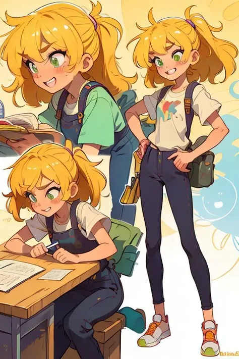 a cartoon picture of three girls sitting at a table with books