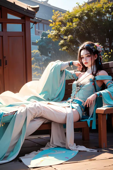 woman in oriental dress sitting on a bench with a blue blanket