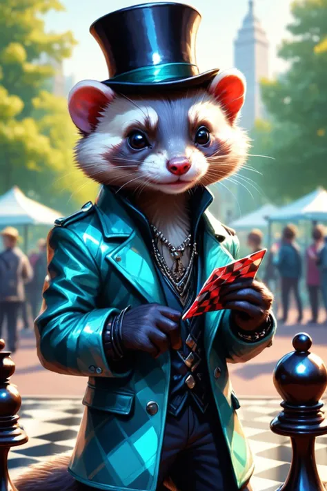 Detailed digital illustration of an anthro Ferret (Holding a hat stylishly) at a Holographic chess players in urban park, <lora:xl_more_art-full_v1:0.5>,  <lora:anthro_muscular:0.7> , <lora:madpunk:0.4> madpunk