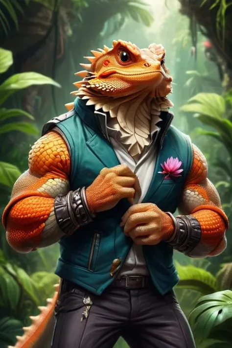 a lizard in a vest and leather pants standing in a jungle