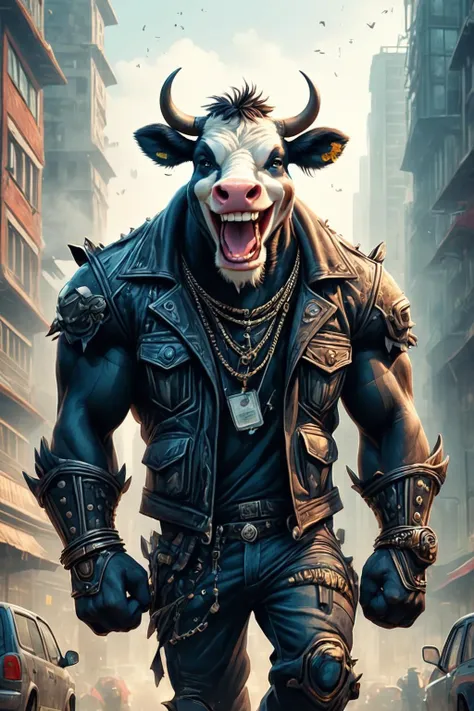 a close up of a cow with a leather jacket on walking down a street