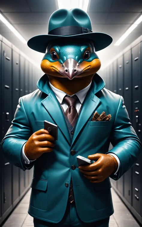 RAW photo of an anthro Platypus (Holding a hat stylishly) at aUnderground data vault with biometric security,  super detail, ultra-realism, <lora:xl_more_art-full_v1:0.3>, <lora:anthro_muscular:0.7>,  <lora:cine:0.7> cin3,