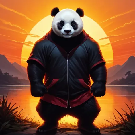 a close up of a panda bear standing in front of a sunset