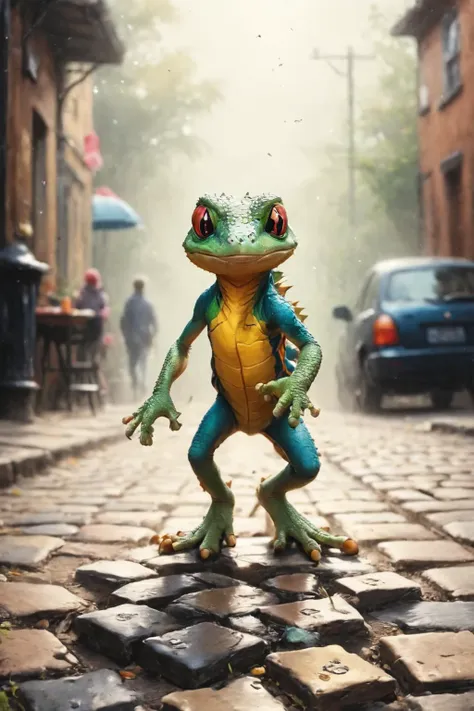 there is a frog that is standing on a cobblestone street