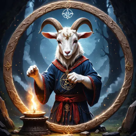 a goat with horns and a robe holding a magic pot