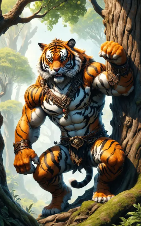 a tiger is standing in a tree with his paws up