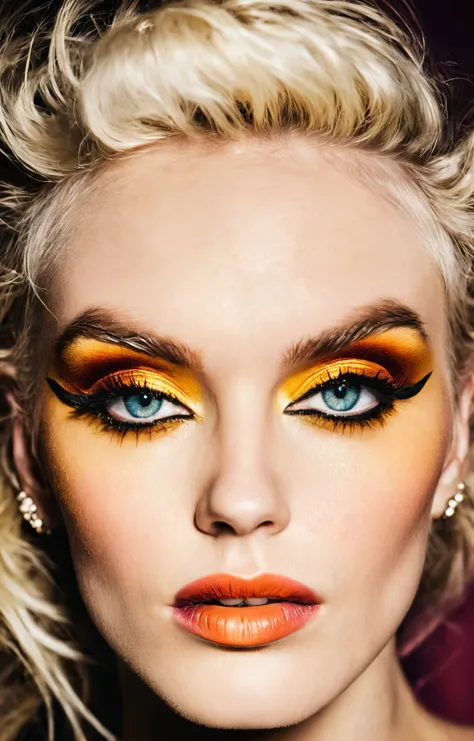 fashion photoshoot, shot by Ellen Von Unwerth, dark and colorful gildenface portrait photography of a stunning English woman with a tired expression, fabulous makeup, close up photo, breathtaking, professional, close-up on face, highly detailed skin, visib...