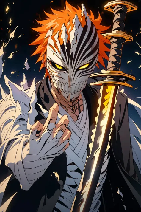 anime character with orange hair holding a sword in front of a dark background