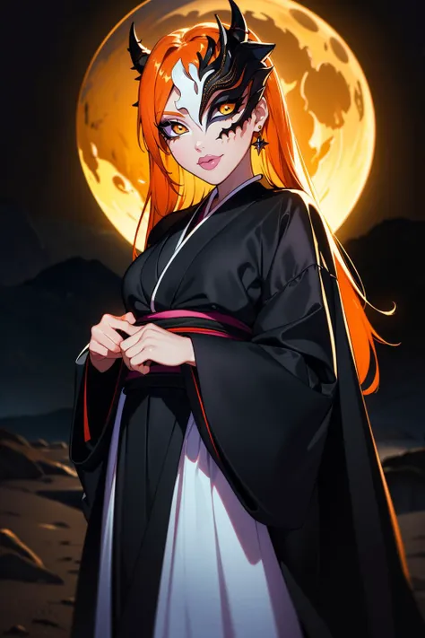 a woman in a black and white dress standing in front of a full moon