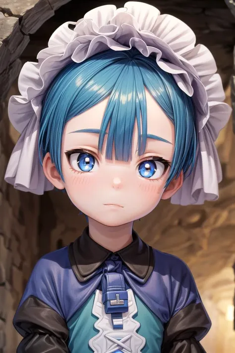 a close up of a doll with blue hair and a blue dress