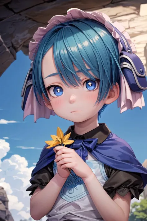 a girl with blue hair and a blue cape holding a flower