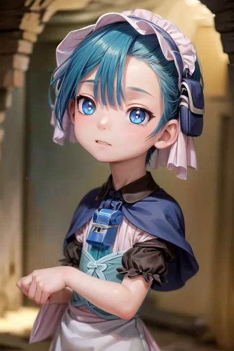 a close up of a person with blue hair and a dress