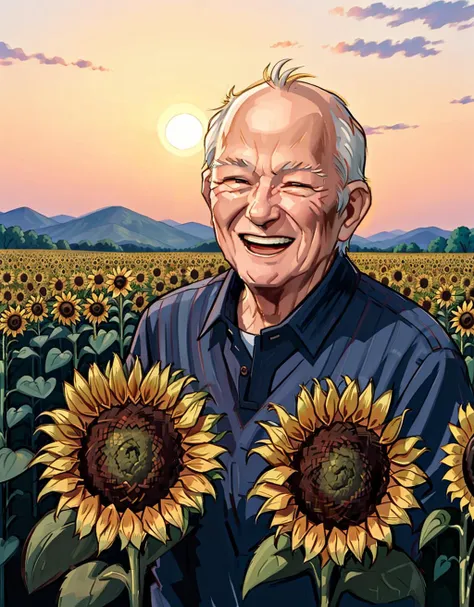 a close up of a man in a field of sunflowers with a sky background