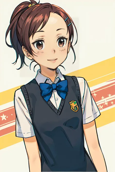 <lora:haru-000003:0.7> haru1,brown eyes, bangs, brown hair, hair ornament, hairclip, ponytail, school uniform, white shirt, short sleeves, collared shirt, bowtie, blue bow, sweater vest, smile, cowboy shot, <lora:kuroboshi_kouhaku_style_v01:1>, ultra detai...