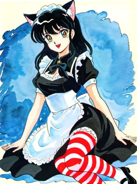 1girl, cat ears, cat_girl, maid, black hair, black_dress, frills, maid apron, striped legwear, mary janes, maid headdress,   slit pupils, fangs, sitting on floor takahashi rumiko, watercolor (medium), retro artstyle, <lora:takahashi_rumiko_offset:1>