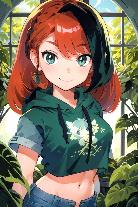 1girl, twintails, redhead, smiling, happy, green crop-top hoodie, tight jeans, bright, whimsical, rustic studio, workshop, plants, vines, ivy, sunlight, windows, masterpiece <lora:Takahashi Rumiko:0.9>