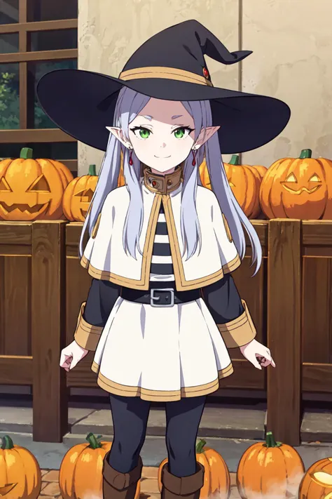 a close up of a person in a hat and dress standing in front of pumpkins