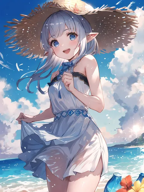 anime girl in a hat and dress on the beach