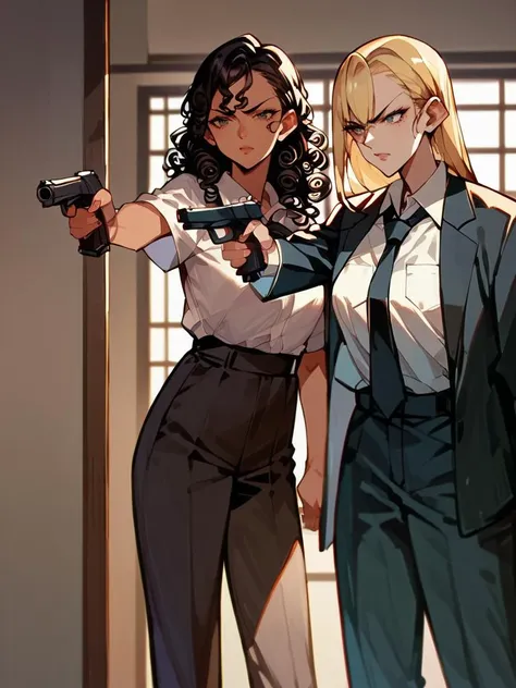 two women in business attire holding guns in a room