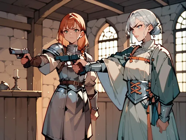 anime characters dressed in medieval clothing holding guns in a room